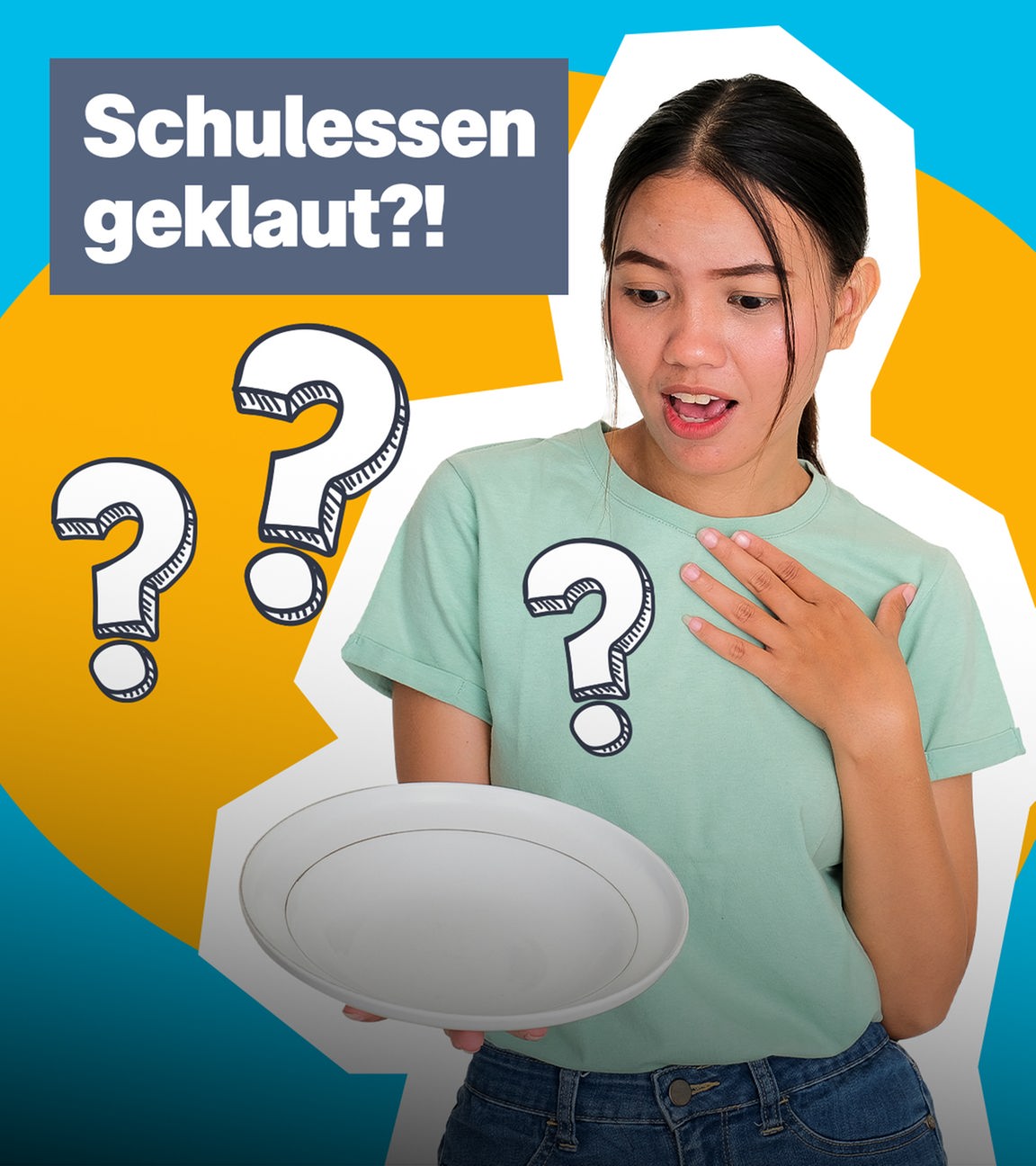 Ein Cutout von einem Mädchen, die einen leeren Teller in der Hand hält und erstaunt darauf schaut. Drumherum farbiger Hintergrund und Fragezeichen. 
