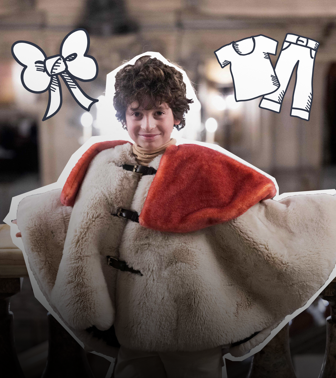 10-jähriger Modedesigner Max in einem ausgefallenen Mantel