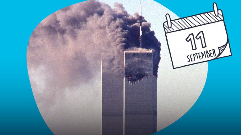 Grafik: Rauchendes World Trade Center nach Terrorangriff, danaben Kalenderblatt mit "11. September"