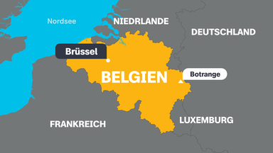 Eine Karte von Belgien mit der Hauptstadt Brüssel, dem höchsten Berg Botrange und den angrenzenden Ländern.
