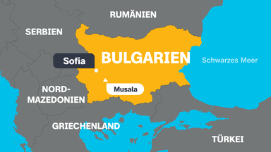 Eine Karte von Bulgarien mit der Hauptstadt Sofia, dem höchsten Berg Musala und den angrenzenden Ländern.