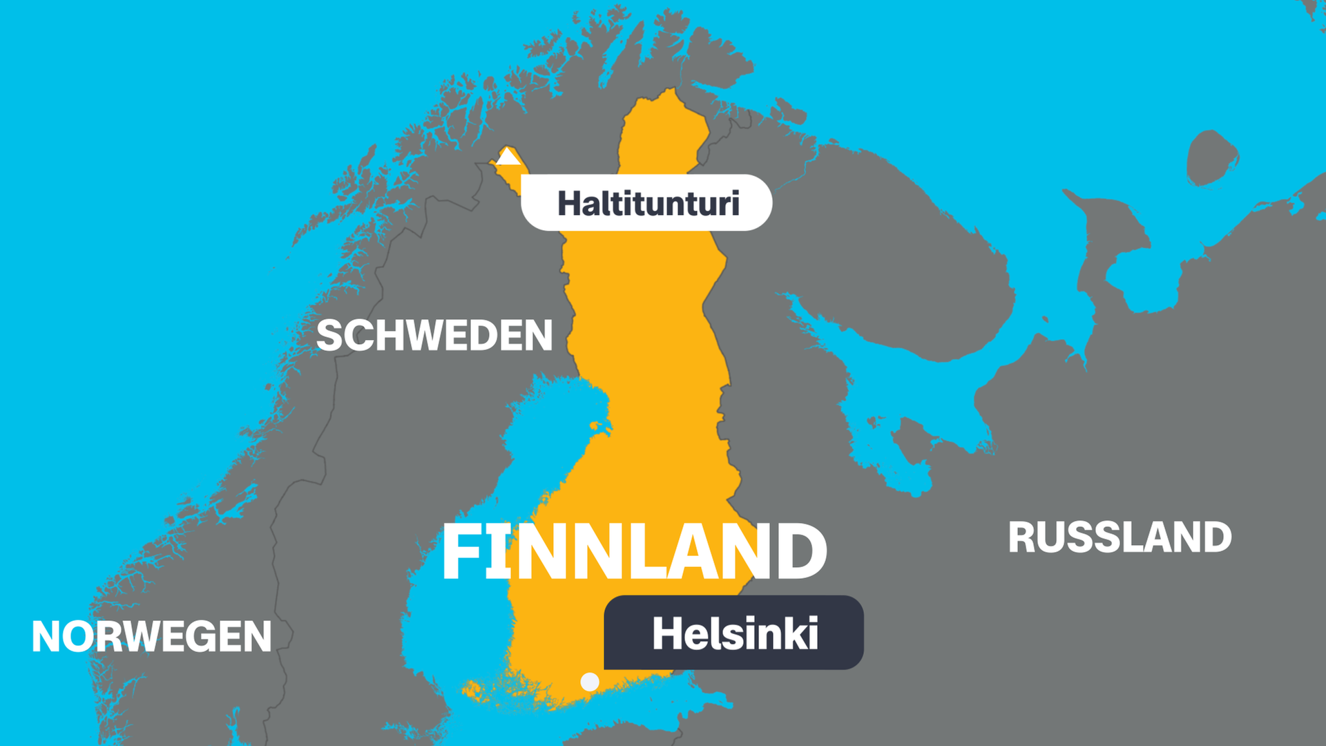 Eine Karte von Finnland mit der Hauptstadt Helsinki, dem höchsten Berg Haltitunturi und den angrenzenden Ländern.