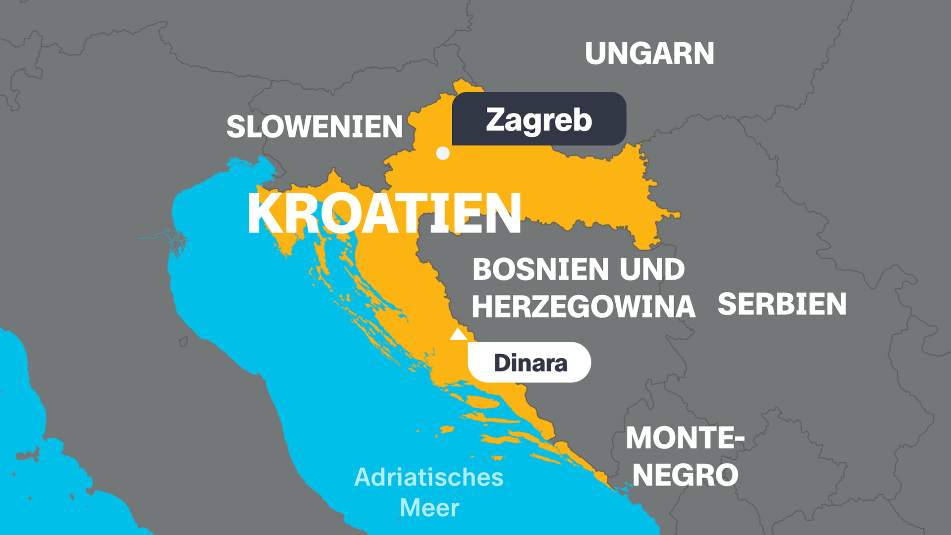 Eine Karte von Kroatien mit der Hauptstadt Zagreb, dem höchsten Berg Diara und den angrenzenden Ländern.