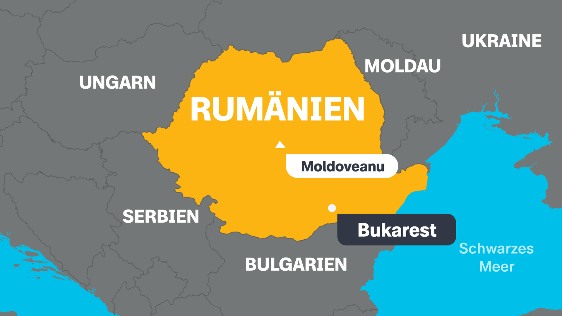 Eine Karte von Rumänien mit der Hauptstadt Bukarest, dem höchsten Berg Moldoveanu und den angrenzenden Ländern.