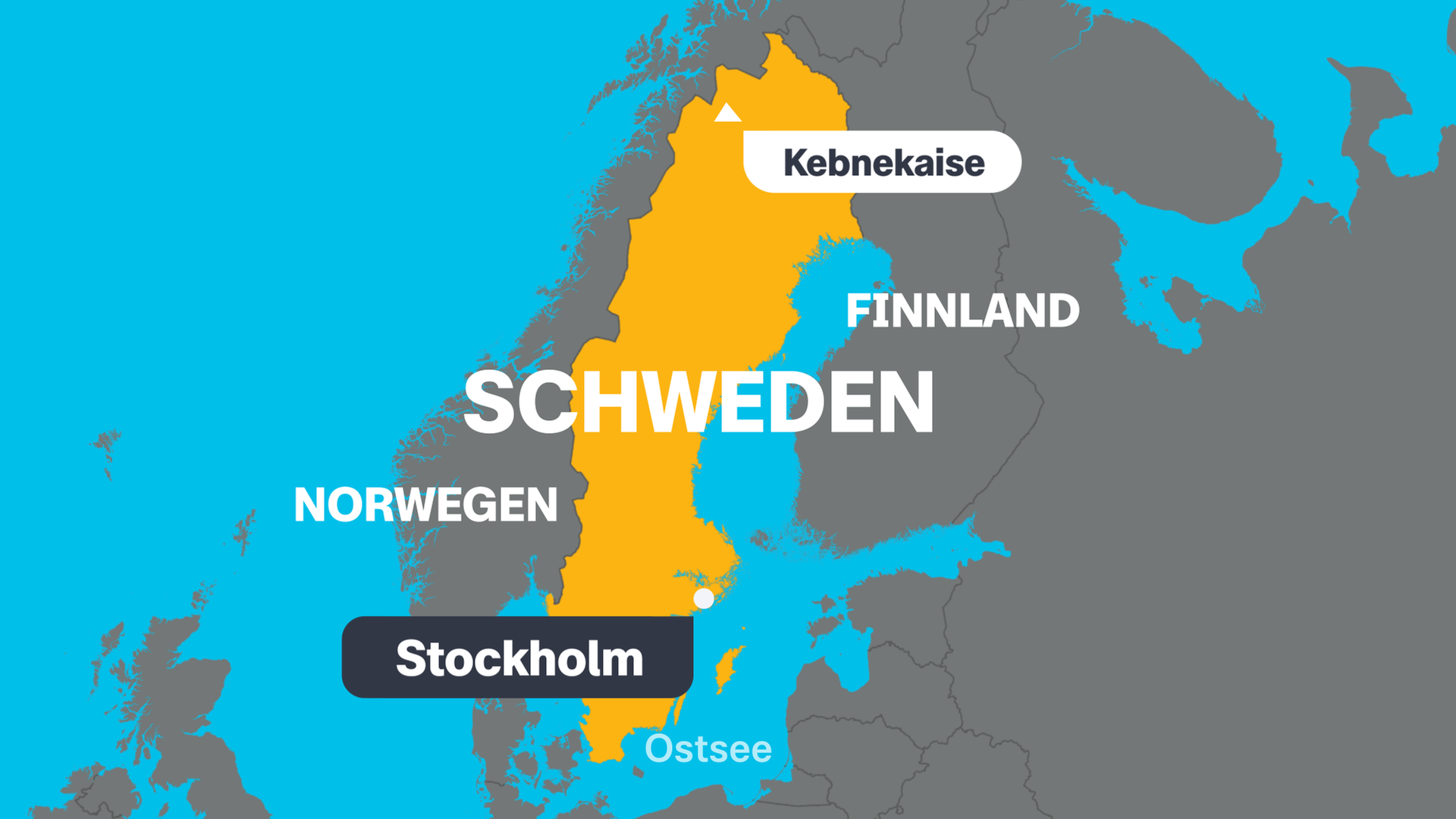 Eine Karte von Schweden mit der Hauptstadt Stockholm, dem höchsten Berg Kebnekaise und den angrenzenden Ländern.
