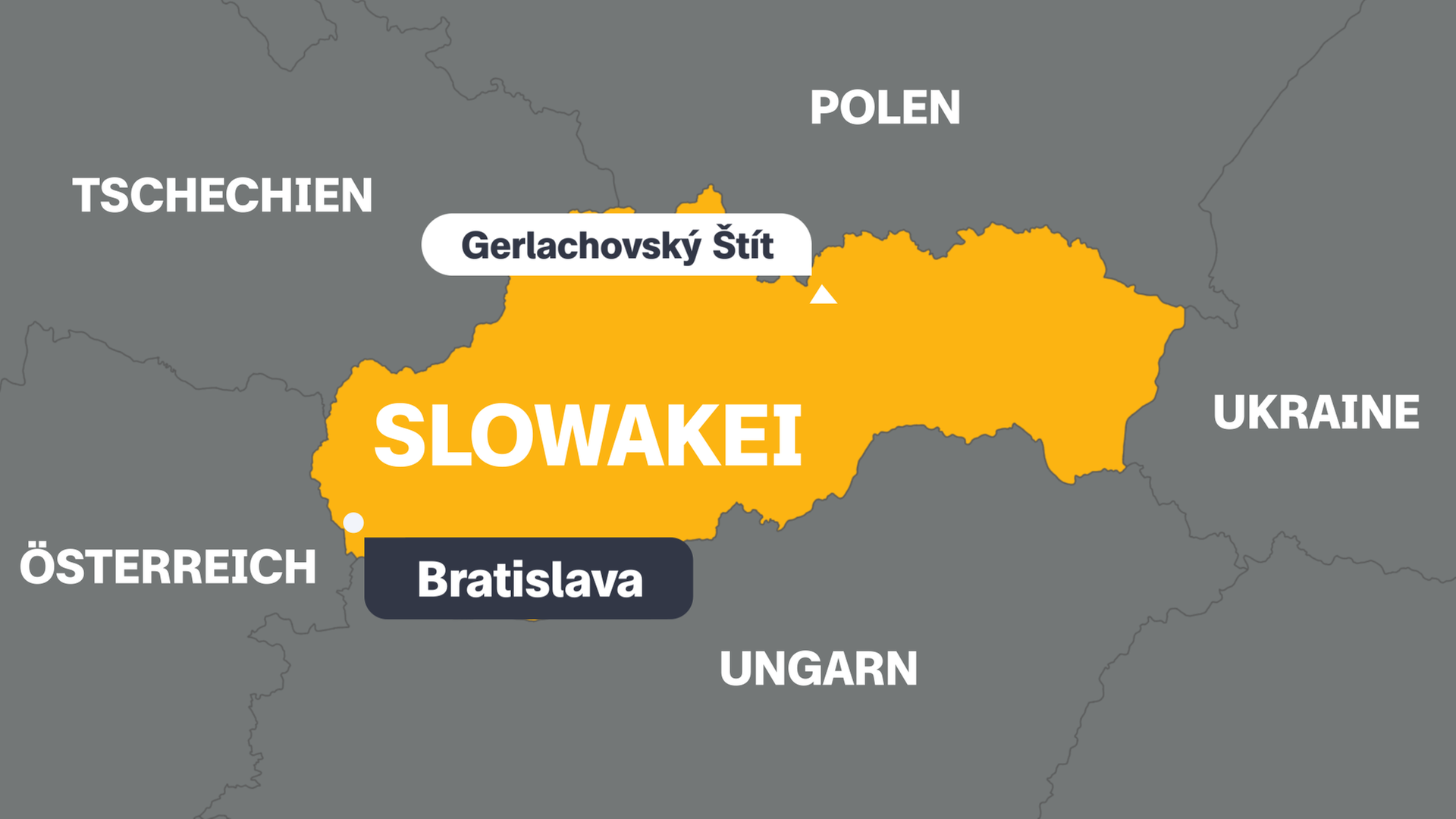 Eine Karte der Slowakei mit der Hauptstadt Bratislave, dem höchsten Berg Gerlachovsky Stít und den angrenzenden Ländern.