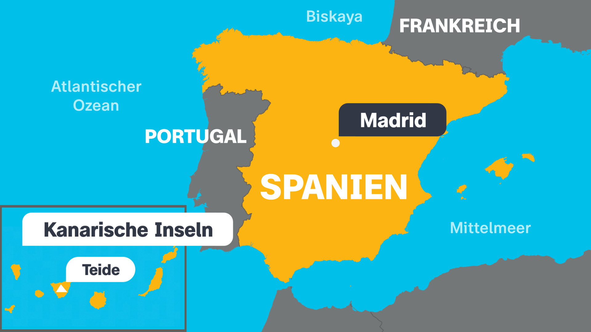 Eine Karte von Spanien mit der Hauptstadt Madrid, dem höchsten Berg Teide auf den Kanarischen Inseln und den angrenzenden Ländern.