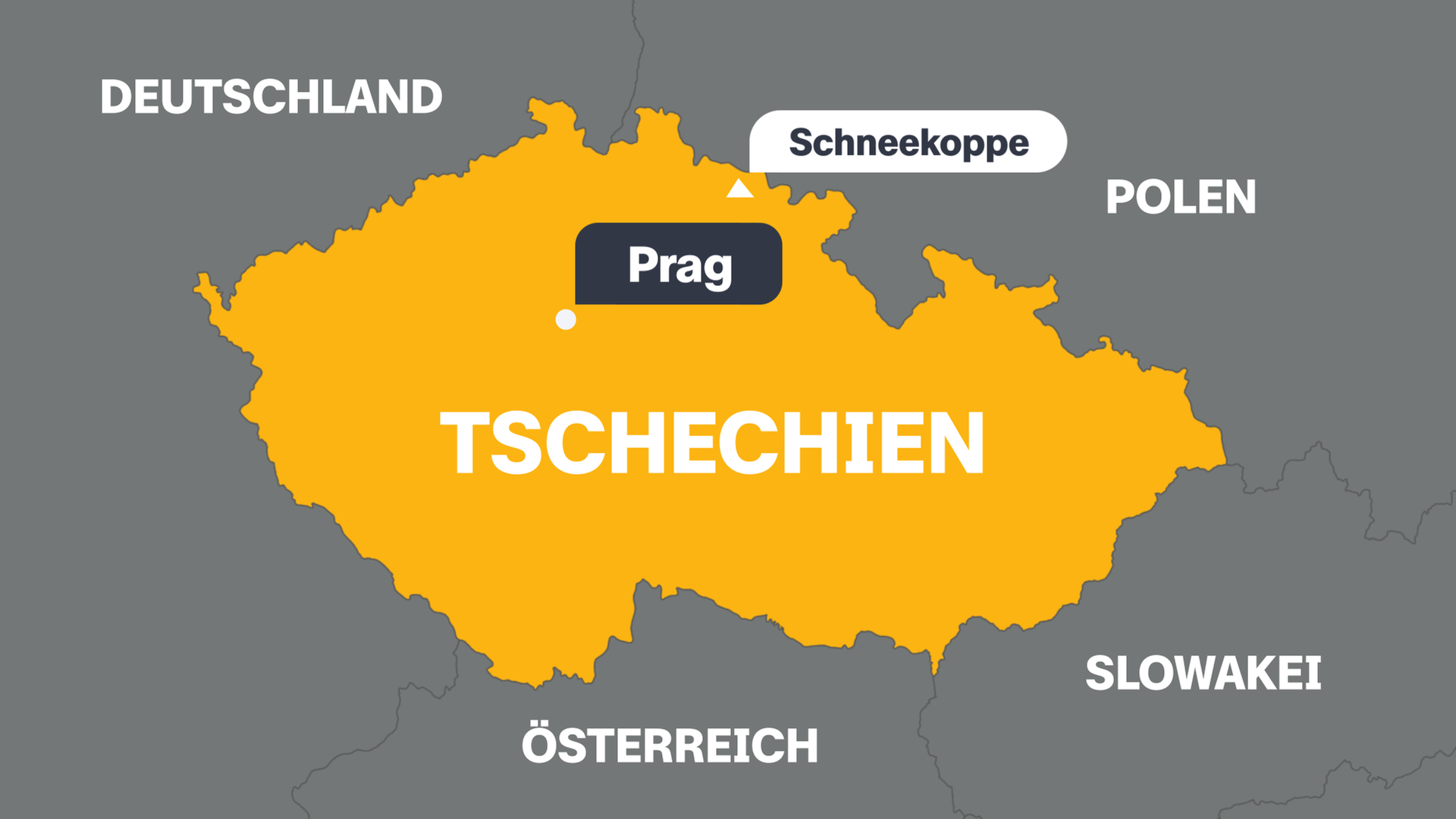Eine Karte von Tschechien mit der Hauptstadt Prag, dem höchsten Berg, der Schneekoppe, und den angrenzenden Ländern.