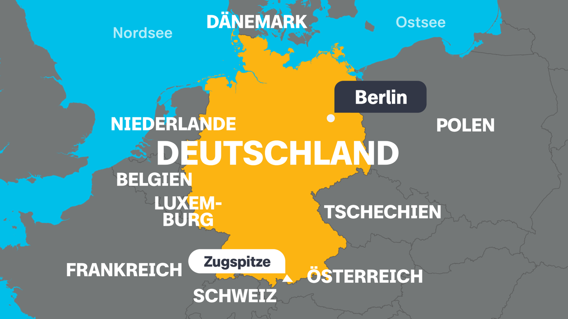 Eine Karte von Deutschland mit der Hauptstadt Berlin, dem höchsten Berg, der Zugspitze, und den angrenzenden Ländern.
