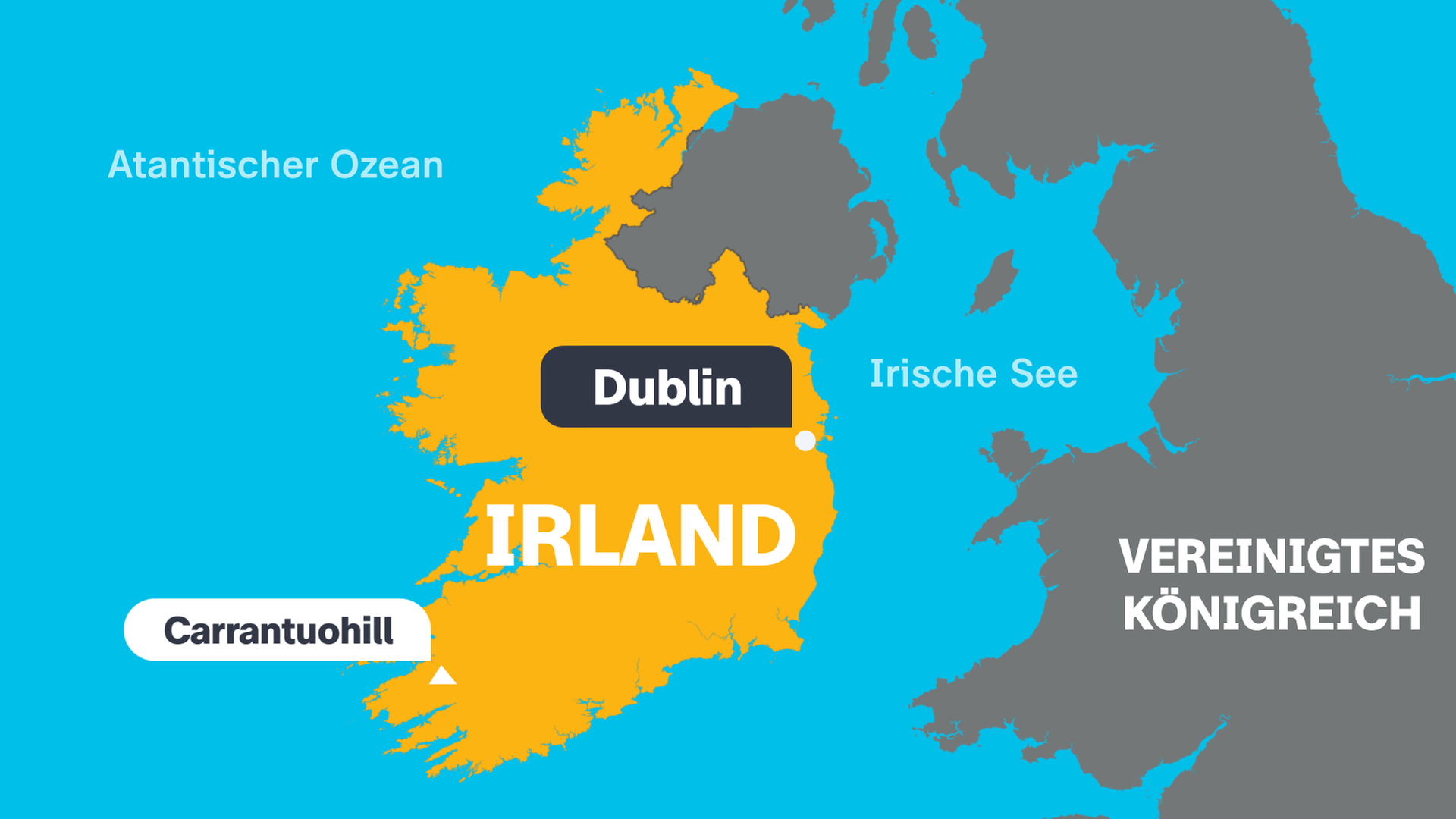 Eine Karte von Irland mit der Hauptstadt Dublin, dem höchsten Berg Carrantuohill und den angrenzenden Ländern.