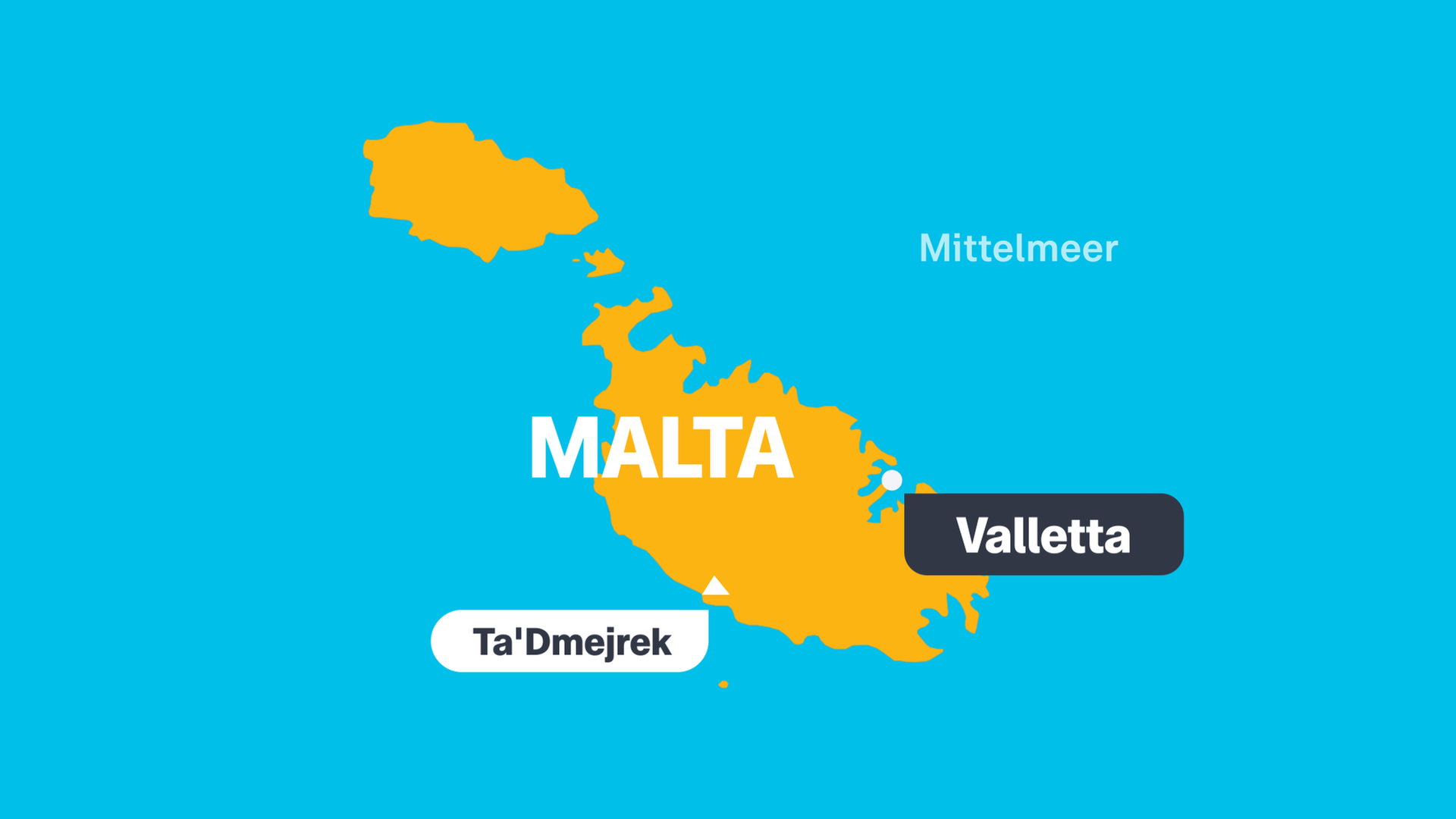Eine Karte von Malte mit der Hauptstadt Valletta, dem höchsten Berg Ta'Dmejrek und den angrenzenden Ländern.