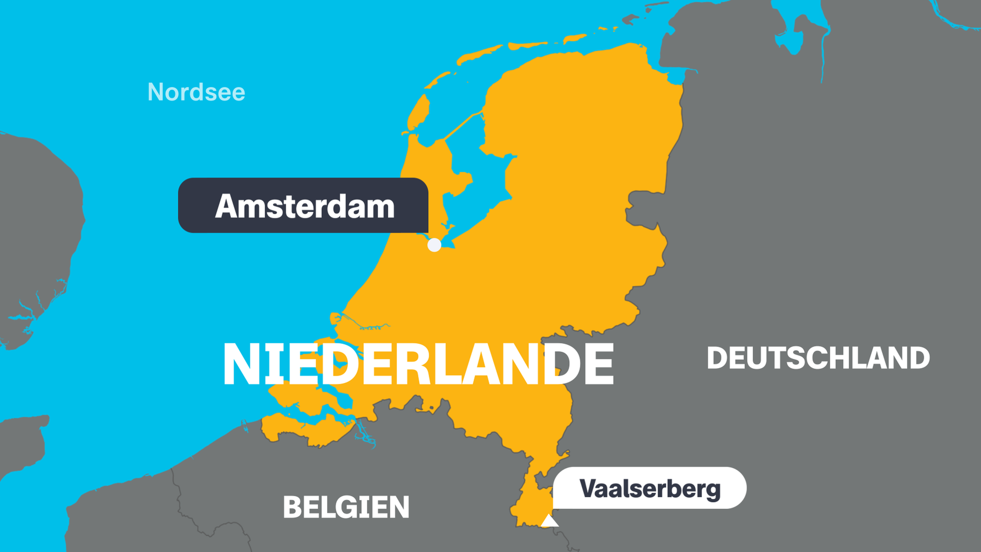 Eine Karte der Niederlande mit der Hauptstadt Amsterdamm, dem höchsten Berg Vaalserberg und den angrenzenden Ländern.