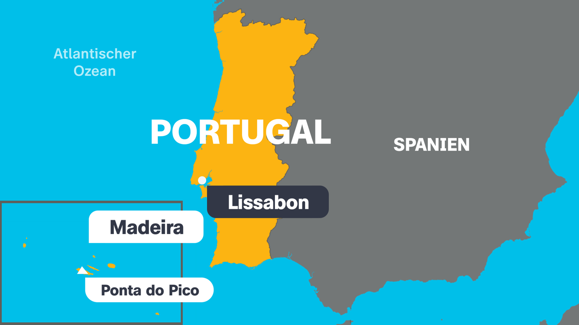 Eine Karte von Portugal mit der Hauptstadt Lissabon, dem höchsten Berg Ponta du Pico und den angrenzenden Ländern.