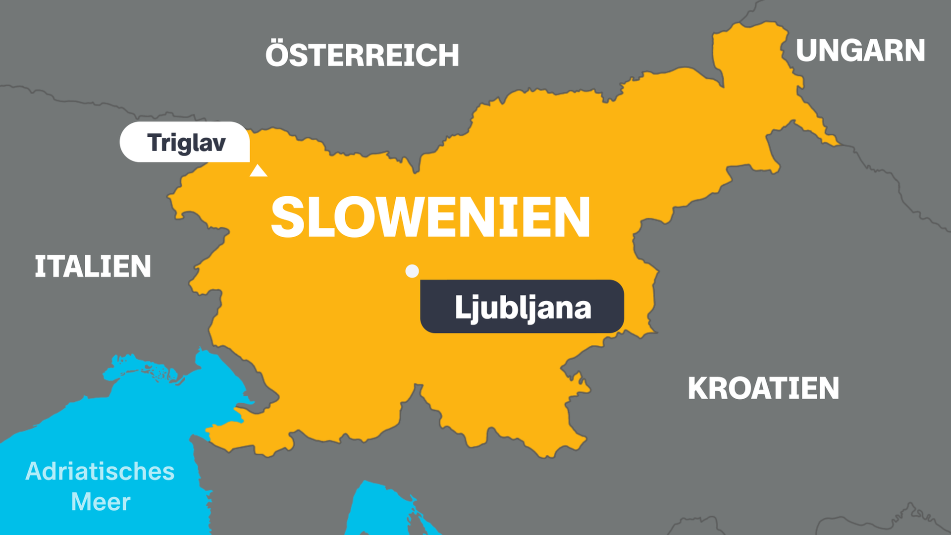 Eine Karte von Slowenien von mit der Hauptstadt Ljubliana, dem höchsten Berg Triglav und den angrenzenden Ländern.