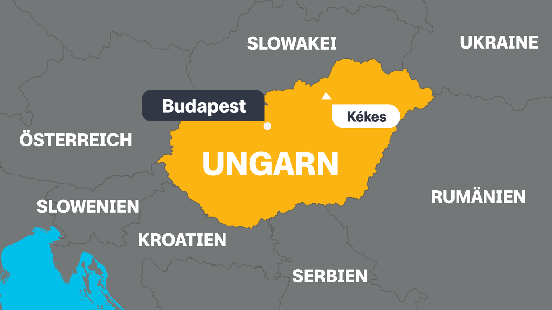 Eine Karte von Ungarn mit der Hauptstadt Budapest, dem höchsten Berg Kékes und den angrenzenden Ländern.
