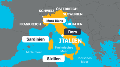 Eine Karte von Italien mit Nachbarländern, dem Mittelmeer und der Haupstadt Rom und den Inseln Sardinien und Sizilien.