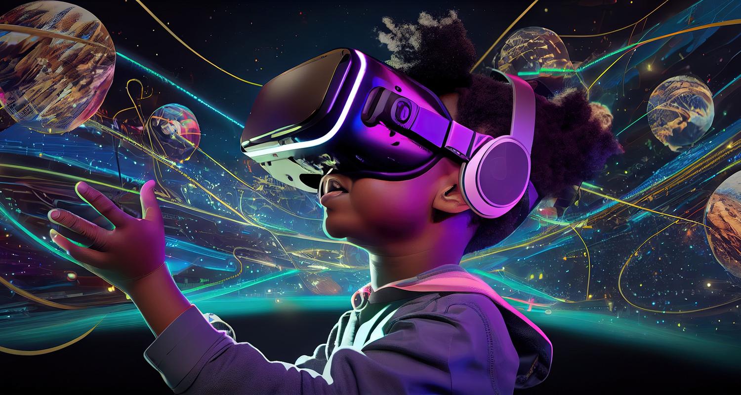 Kind mit VR-Brille bewegt sich durch ein digitales Universum