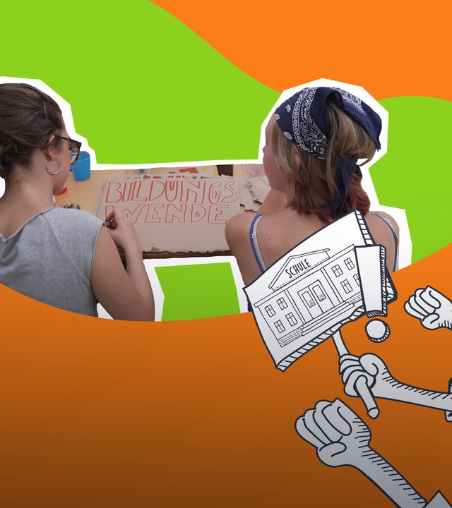 Eine Collage zeigt vor orangenem, grünem Hintergrund zwei Frauen die auf ein Plakat schauen. Daneben gezeichnete Hände mit Schildern in der Hand.