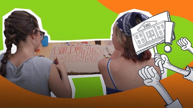 Eine Collage zeigt vor orangenem, grünem Hintergrund zwei Frauen die auf ein Plakat schauen. Daneben gezeichnete Hände mit Schildern in der Hand.