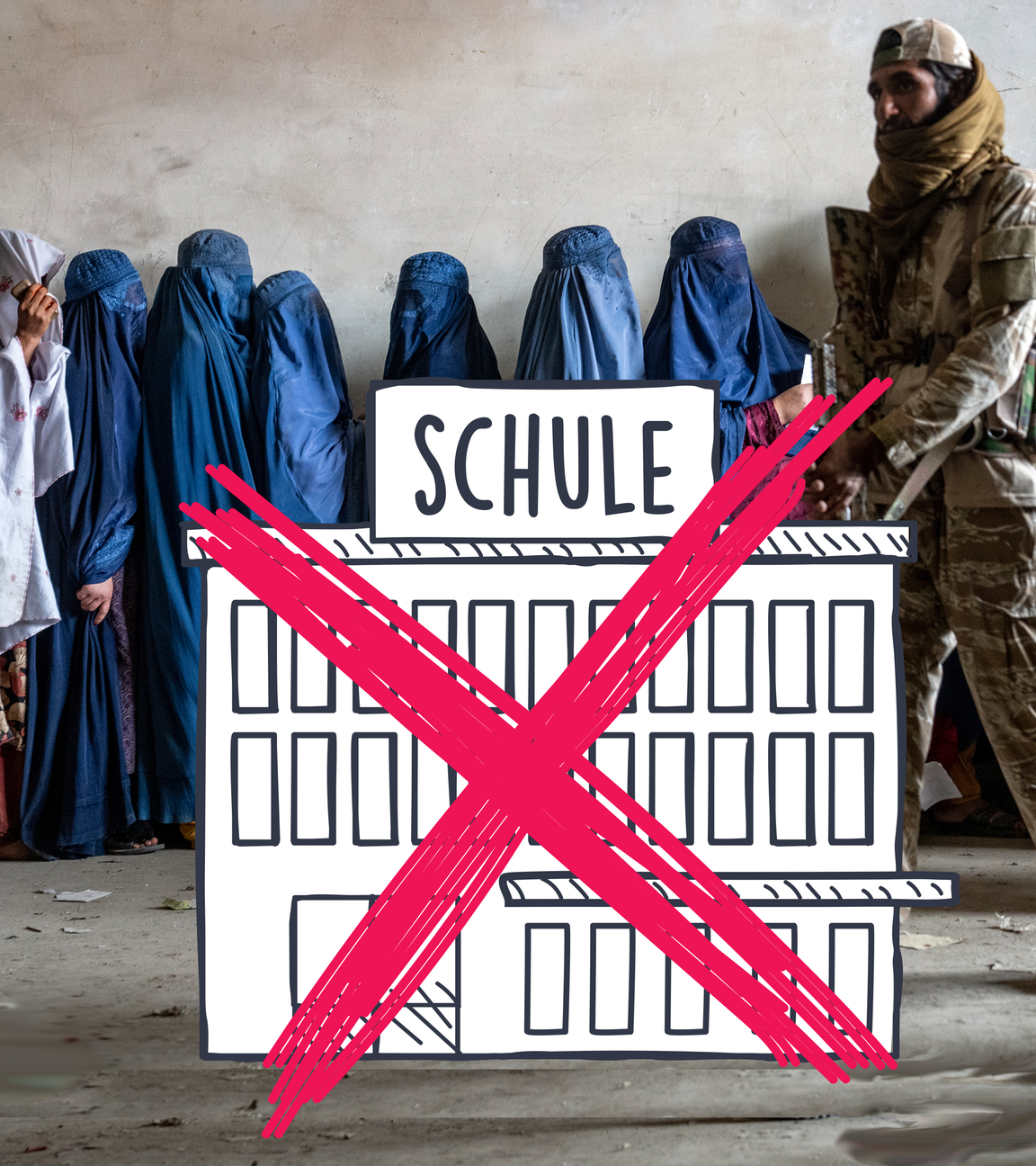 Taliban-Soldat und verschleierte Frauen