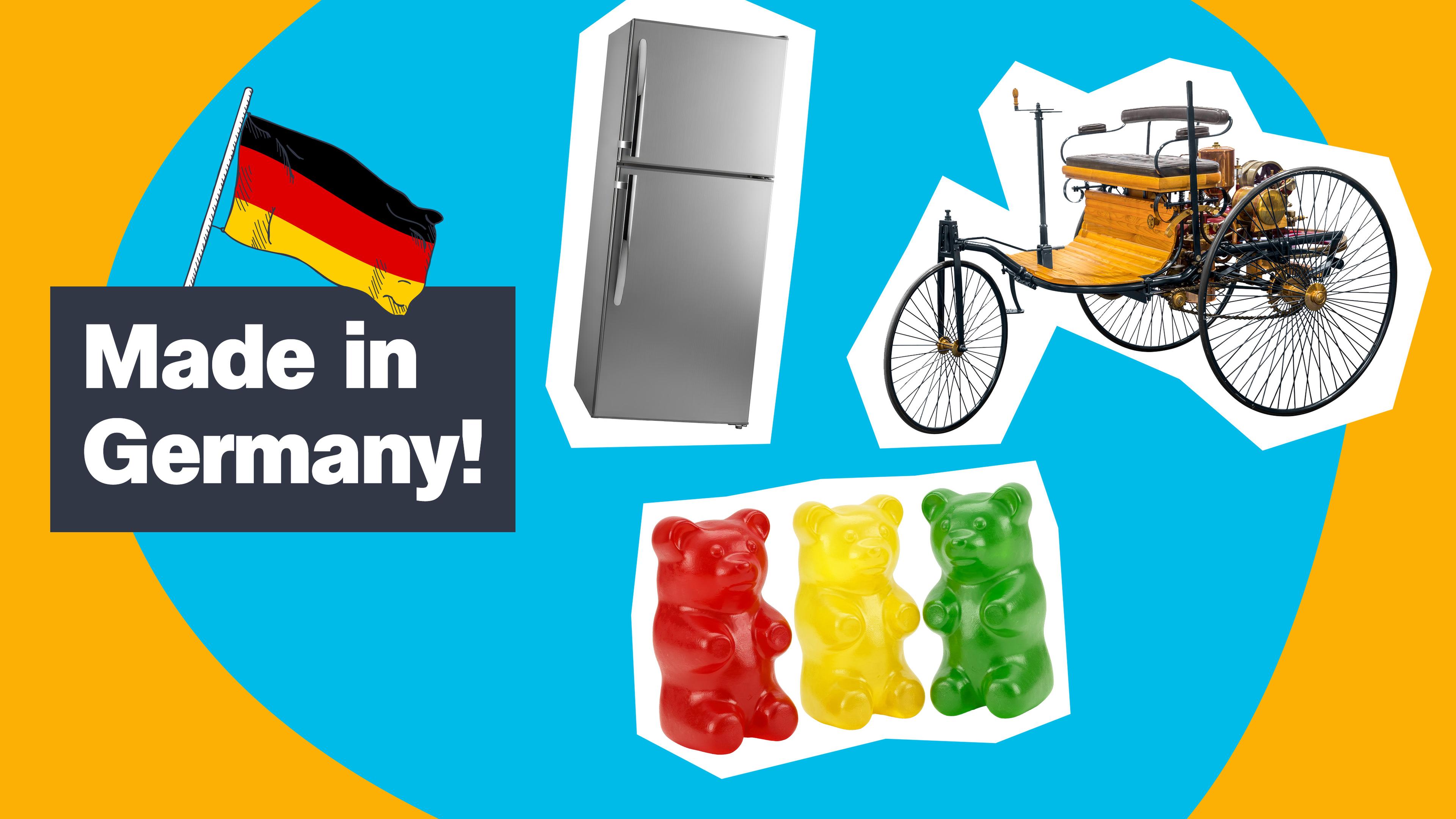 Auf dem Bild sind ein Kühlschrank, Gummibärchen und ein sehr alter Vorgänger vom Automobil zu erkennen. Außerdem steht in großer Schrift daneben: Made in Germany! Eine Deutschlandflagge wurde darüber auf das Bild hinzugefügt.