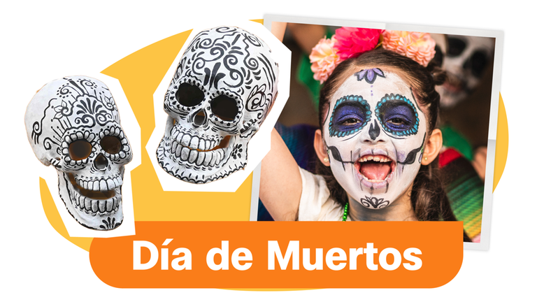 Auf dem Bild sind zwei bemalte Totenköpfe und ein wie ein Totenkopf geschminktes Mädchen zu sehen.