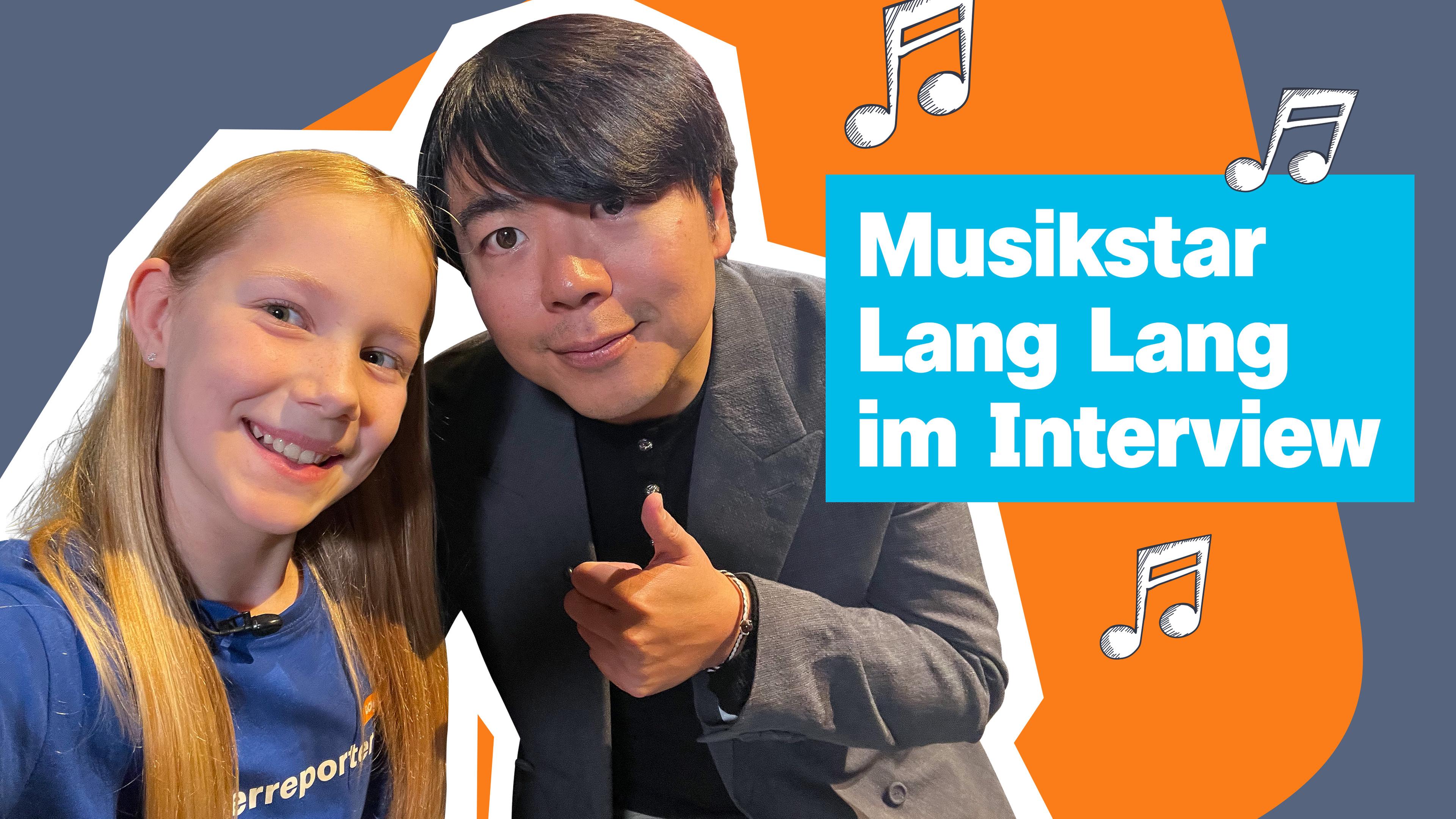Auf dem Bild sind die Kinderreporterin Thea mit dem Musiker Lang Lang zu erkennen. Daneben steht: "Musikstar Lang Lang im Interview".