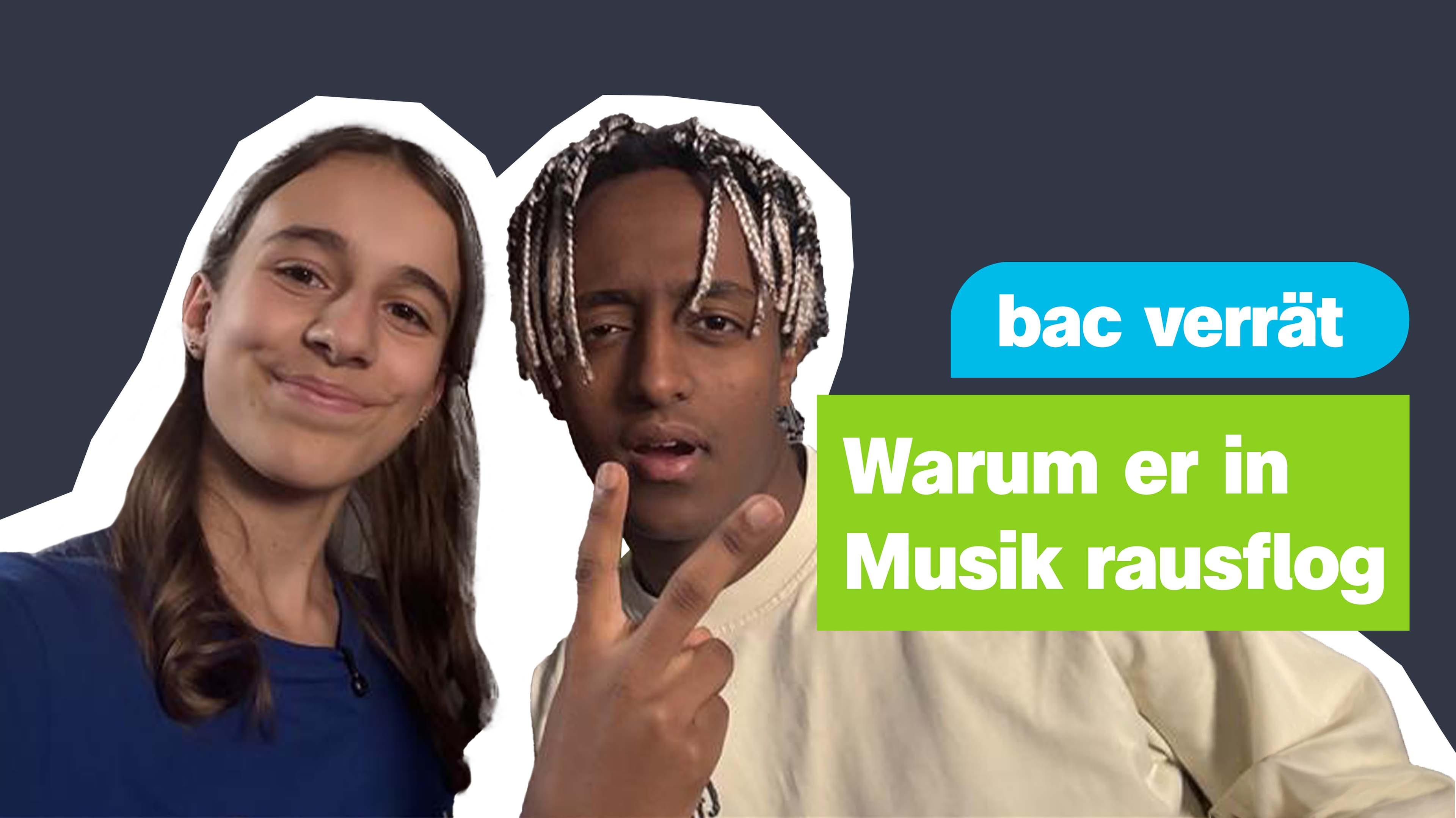 Auf dem Bild sind die Kinderreporterin Alice und der Musiker bac zu sehen. Daneben steht: "bac verrät: Warum er in Musik rausflog."