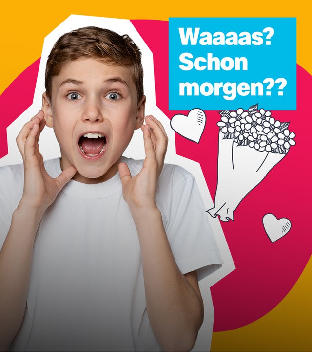 Junge schreit entsetzt; Bildbeschriftung: Waaas? Morgen schon?!