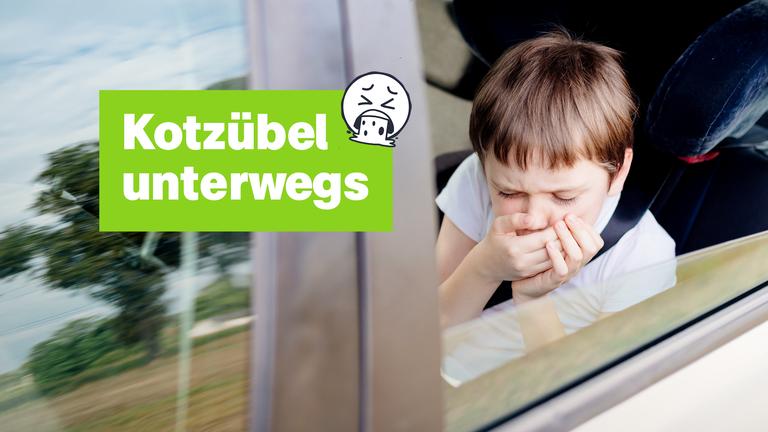 Kotzübel unterwegs; Ein Kind hält sich während einer Autofahrt die Hand vor dem Mund, weil ihm schlecht ist.
