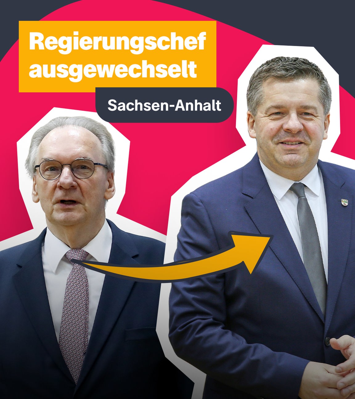 Reiner Haseloff (links) und Sven Schulze (rechts), dazwischen Schrift "Sachsen-Anhalt - Regierungschef ausgewechselt" mit Pfeil
