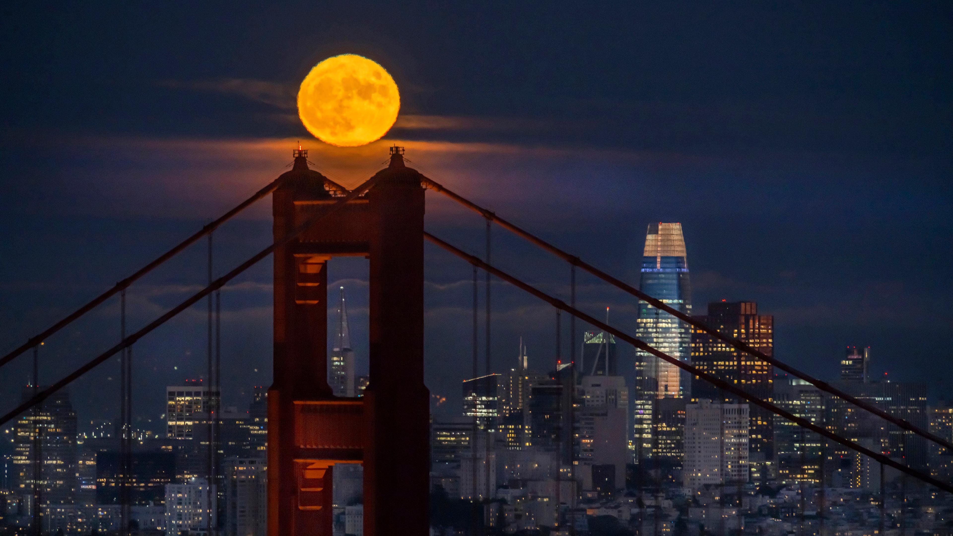 Auf den Bildern ist die Golden Gate Bridge in verschiedenen Stadien ihres Bestehens zu sehen.