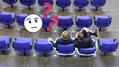 Zwei Abgeordnete des Bundestags mit nachdenklichem Emoji und Fragezeichen