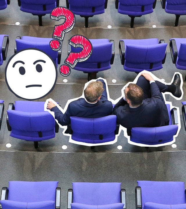 Zwei Abgeordnete des Bundestags mit nachdenklichem Emoji und Fragezeichen