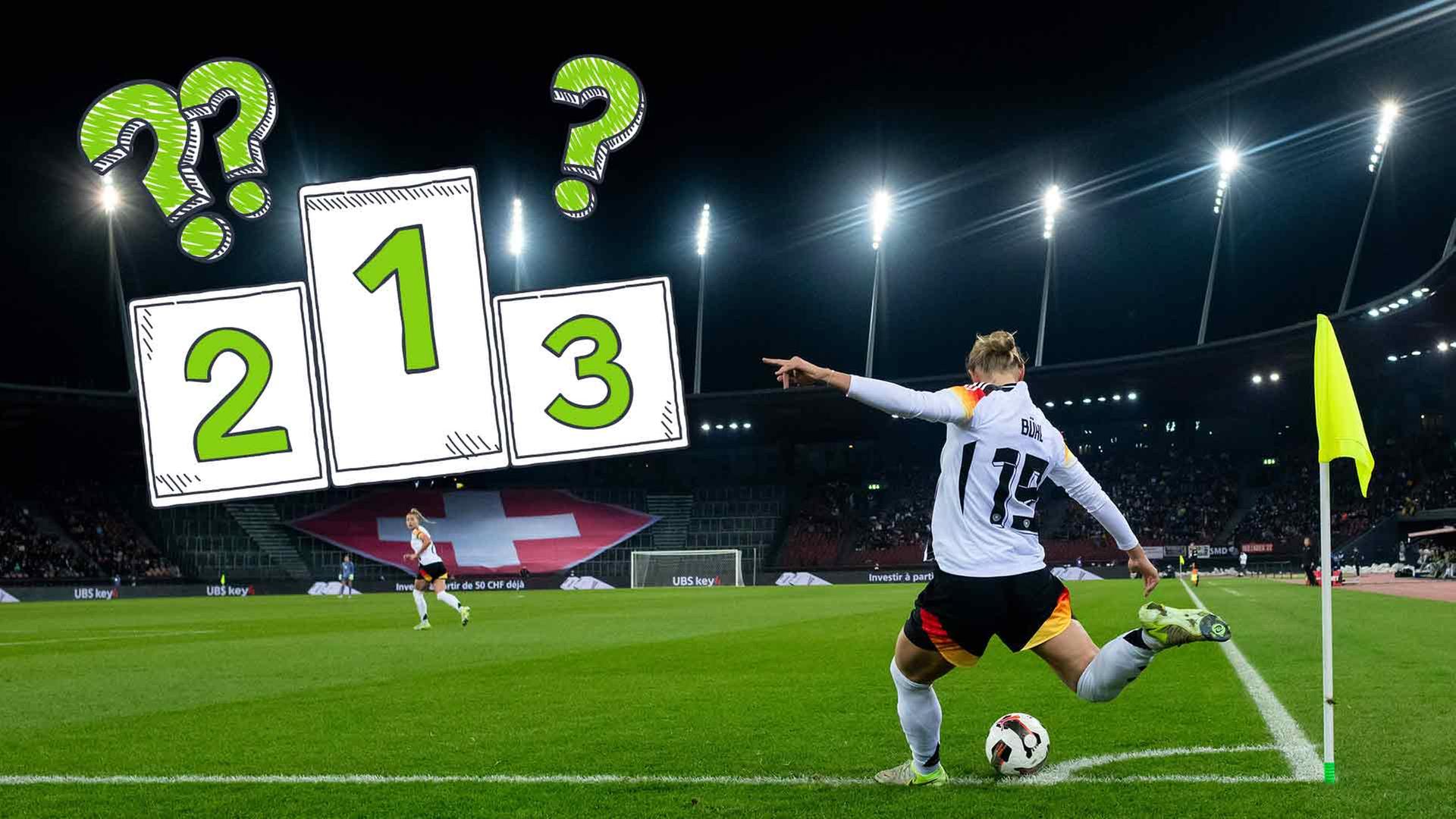Fußballerin schießt eine Ecke vor einem hell erleuchteten Stadion mit Flutlicht bei Nacht, darauf sieht man ein Treppchen mit Platz 1, 2 und 3, darüber drei grüne Fragezeichen.