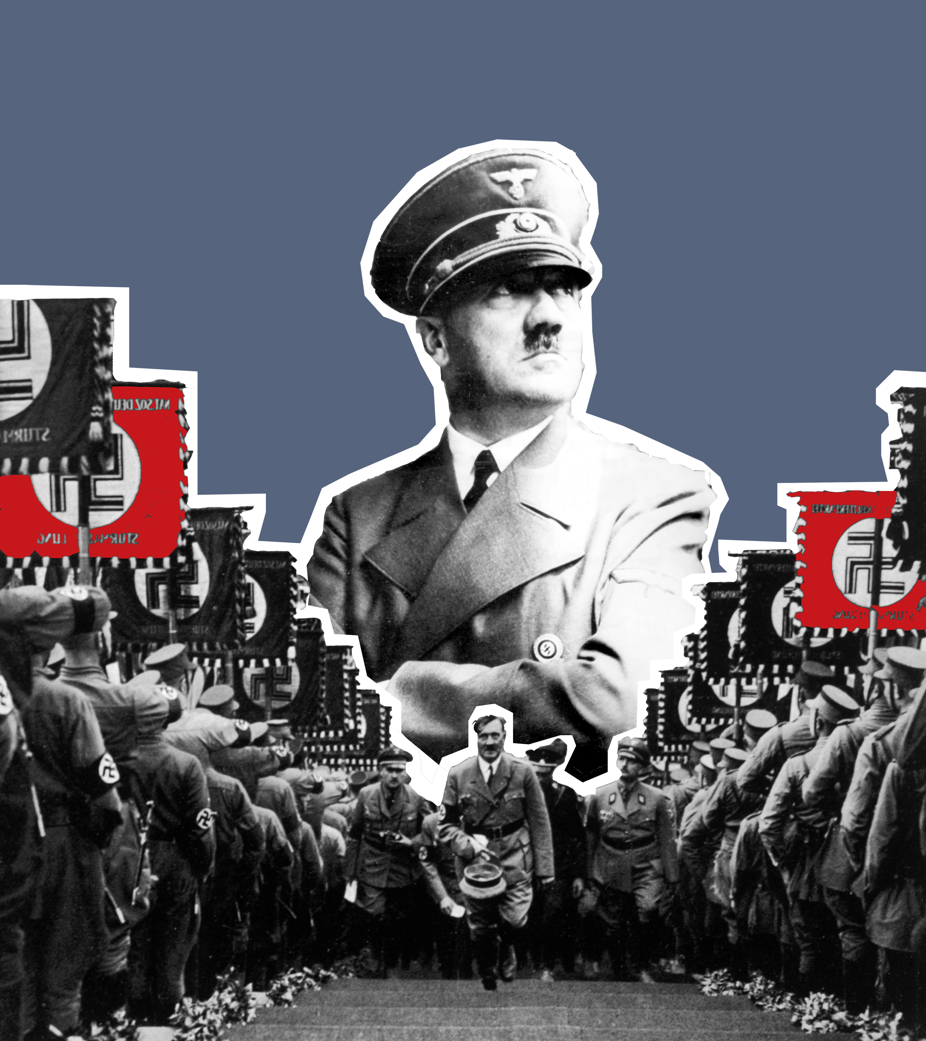 Adolf Hitler mit Hakenkreuz-Flaggen