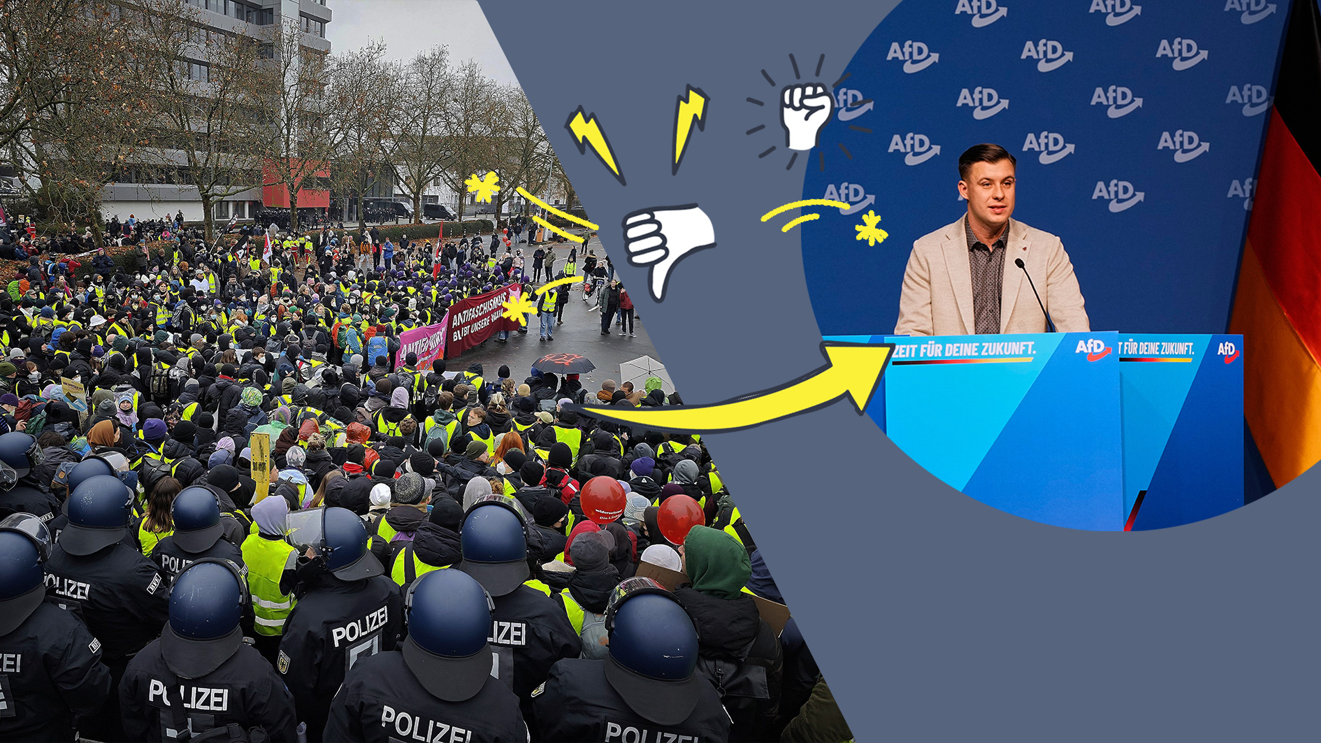 Proteste gegen die AfD mit viel Polizei, Rede bei Neugründung der AfD-Jugendgruppe, Pfeil mit Grafik zu Ärger oder Kritik