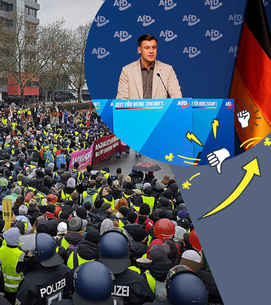 Proteste gegen die AfD mit viel Polizei, Rede bei Neugründung der AfD-Jugendgruppe, Pfeil mit Grafik zu Ärger oder Kritik