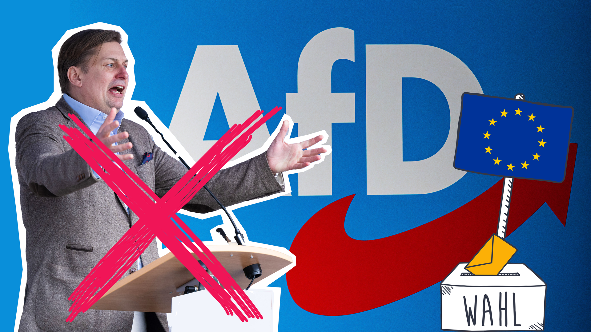 AfD-Logo im Hintergrund, Maximilian Krah durchgestrichen, EU-Wahl-Grafiken