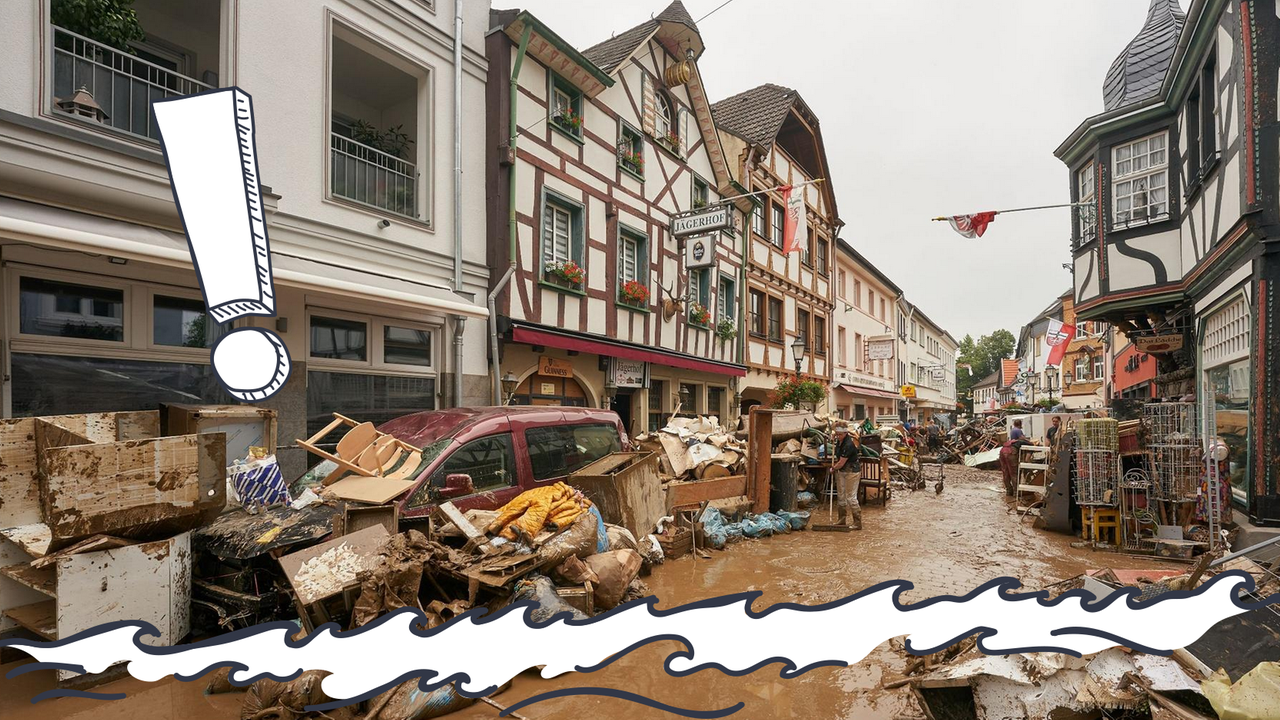 Überflutete Stadt im Ahrtal, Ausrufezeichen, zerstörte Häuser