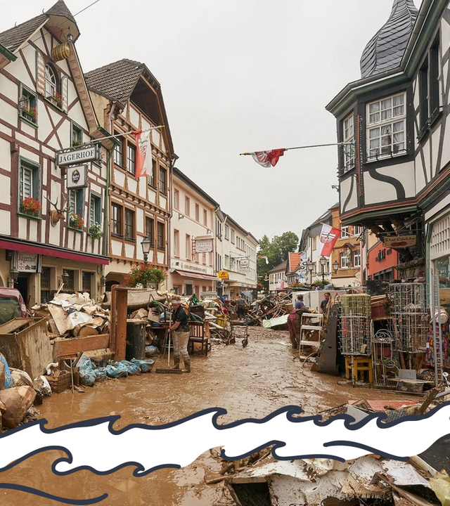 Überflutete Stadt im Ahrtal, Ausrufezeichen, zerstörte Häuser