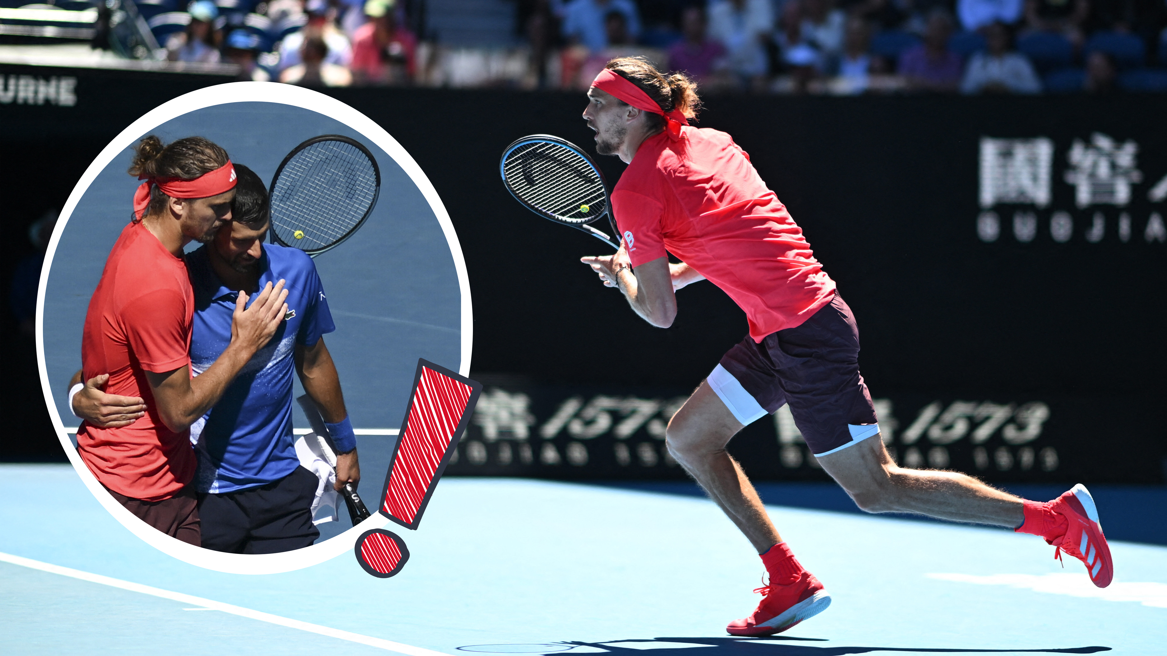 Zverev auf dem Platz im Halbfinale, Zverev umarmt Gegner.