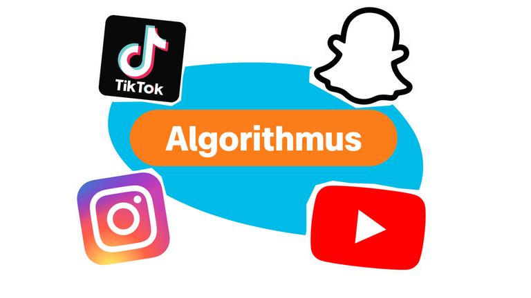 Grafik: Textlabel Algorithmus und daneben Social Media Logos von TikTok, Snapchat, Youtube und Instagram