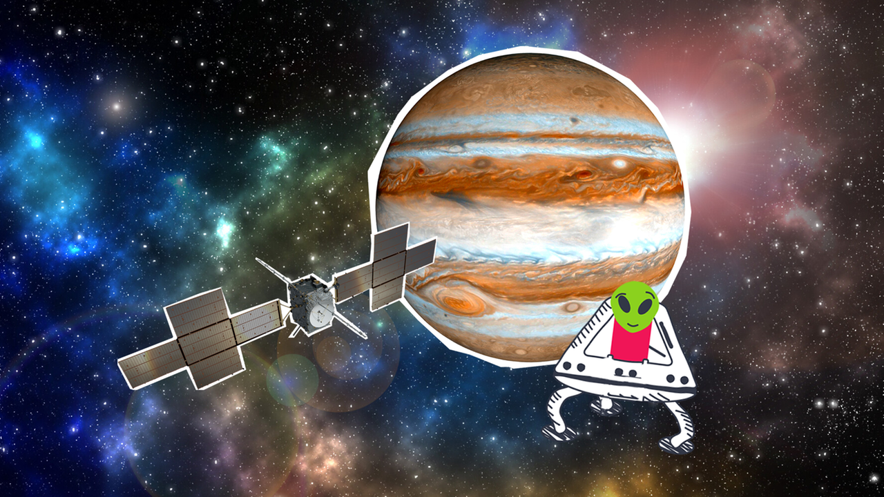Raumsonde Juice vor dem Planeten Jupiter und ein Alien-Raumschiff.