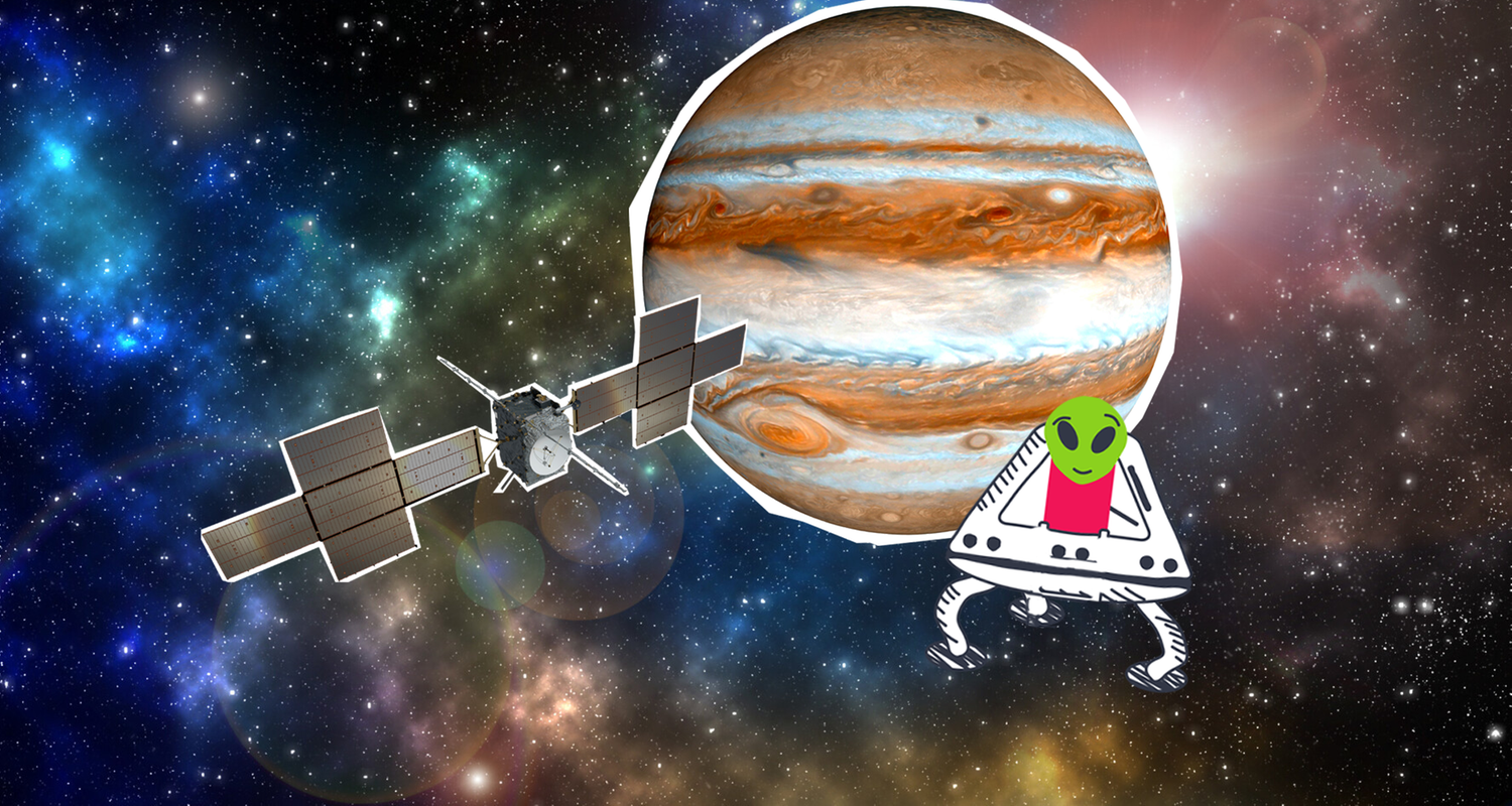Raumsonde Juice vor dem Planeten Jupiter und ein Alien-Raumschiff.