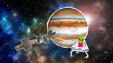 Raumsonde Juice vor dem Planeten Jupiter und ein Alien-Raumschiff.