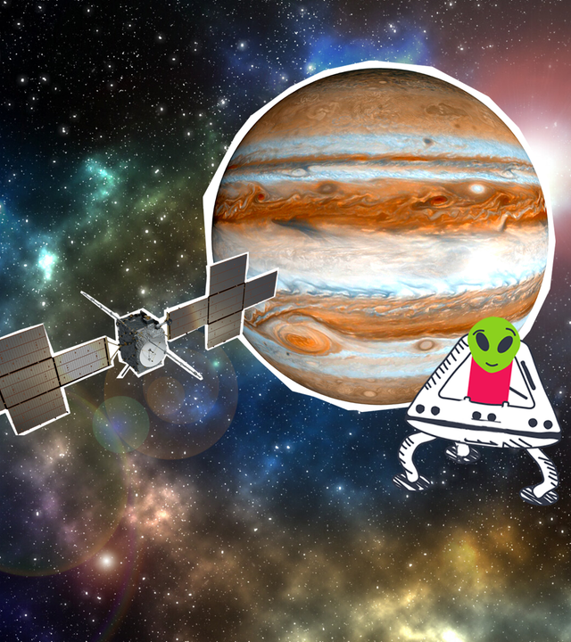 Raumsonde Juice vor dem Planeten Jupiter und ein Alien-Raumschiff.