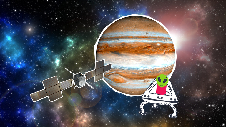 Raumsonde Juice vor dem Planeten Jupiter und ein Alien-Raumschiff.