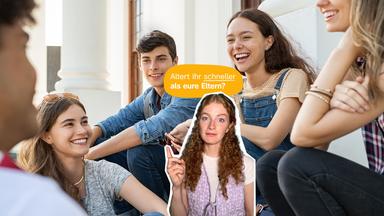 Eine Collage zeigt eine Frau, die nach oben zeigt, darüber steht altert ihr schneller als eure Eltern und im Hintergrund ist ein Foto von Jugendlichen zu sehen.