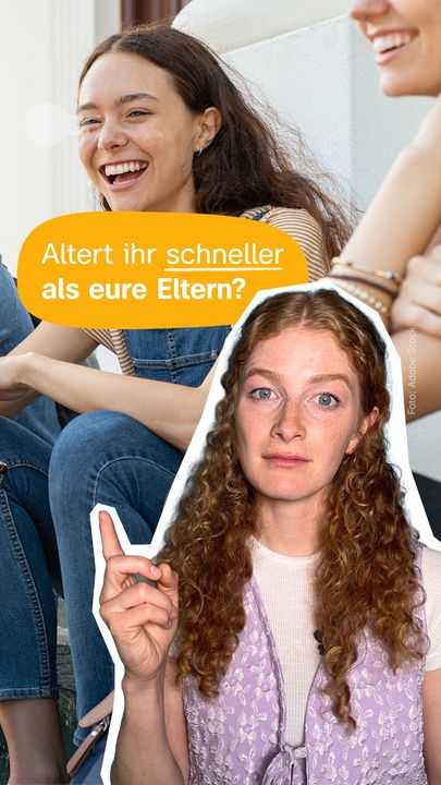 Eine Collage zeigt eine Frau, die nach oben zeigt, darüber steht altert ihr schneller als eure Eltern und im Hintergrund ist ein Foto von Jugendlichen zu sehen.